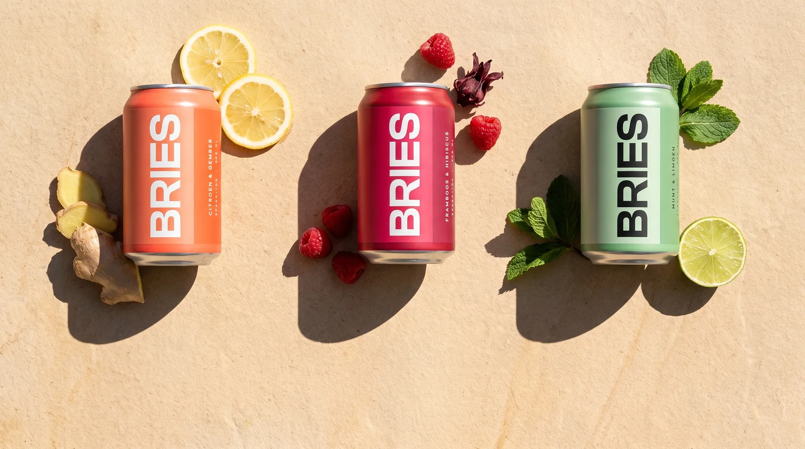 Three cans of BRIES on sandstone