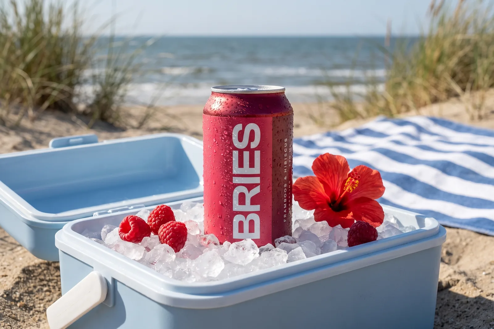 Can of BRIES raspberry in a cool box on the beach