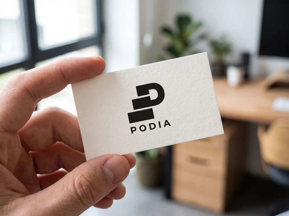 Hand houdt een visitekaartje met het Podia-logo vast