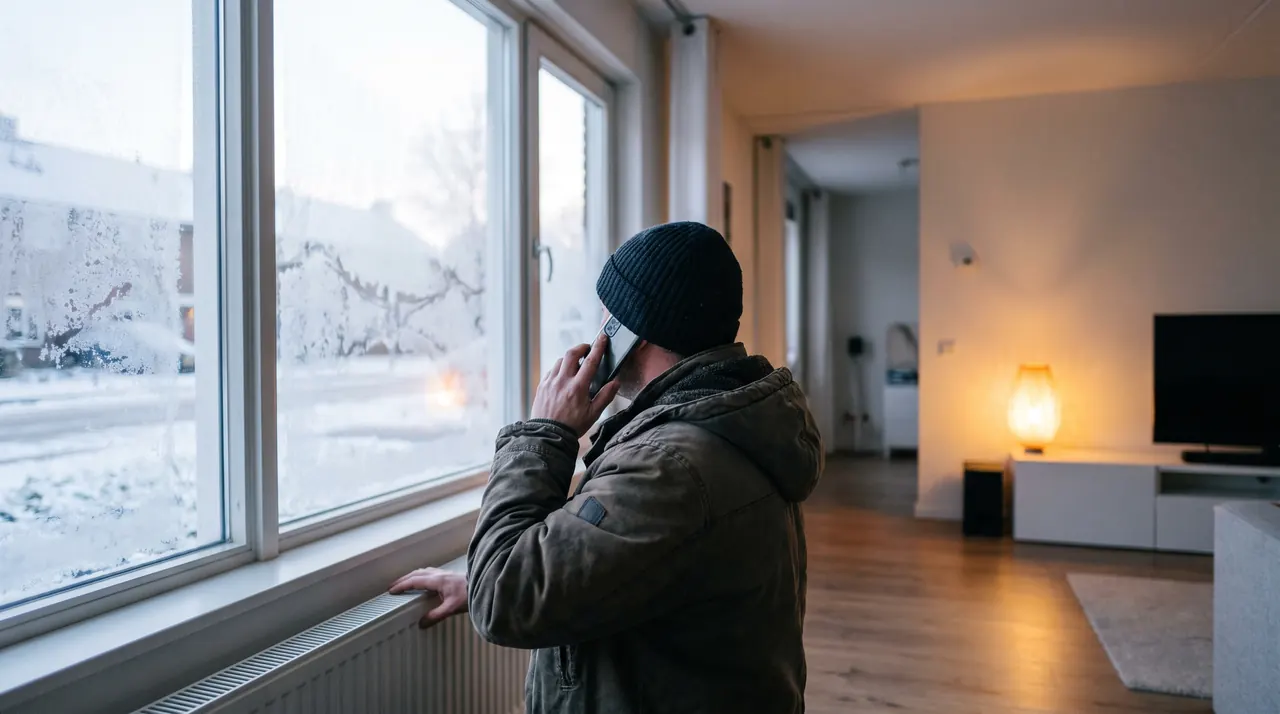 Man met jas en muts aan belt in een koude woonkamer